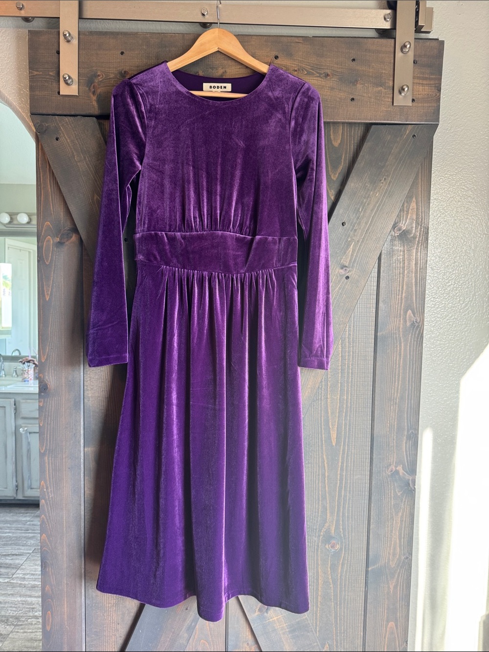 Boden Purple Velvet Long-Sleeve Midi Dress
